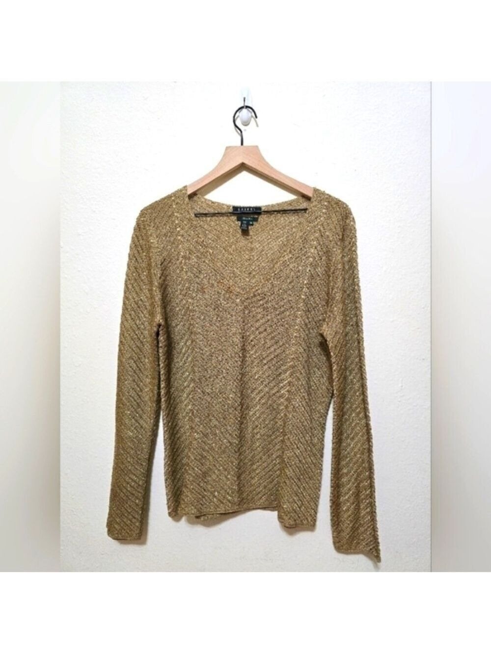 Ralph Lauren Hand Knitted Gold Metallic Beaded VNeck Sweater Sz XL